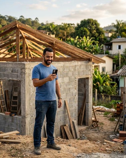 Dono da obra conferindo o app no celular