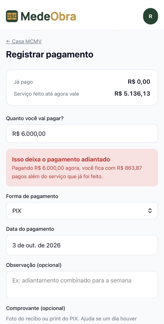 Alerta de pagamento adiantado