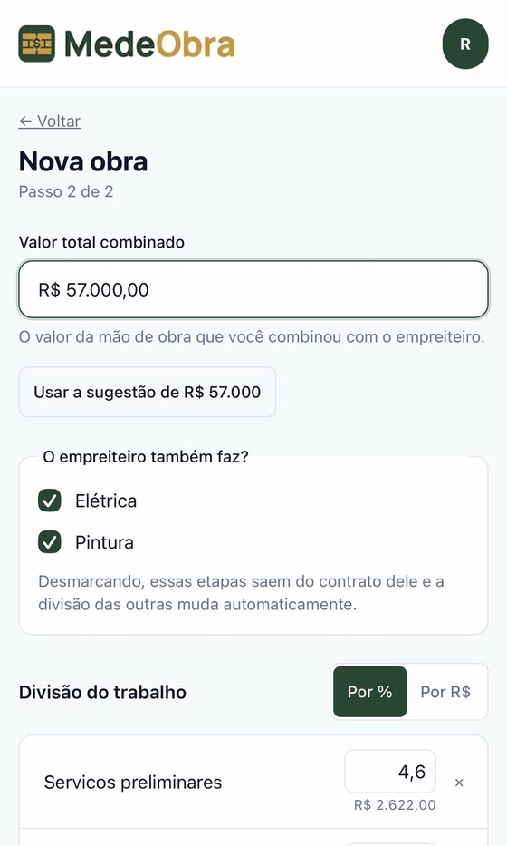 Nova obra: valor combinado e divisão por etapas