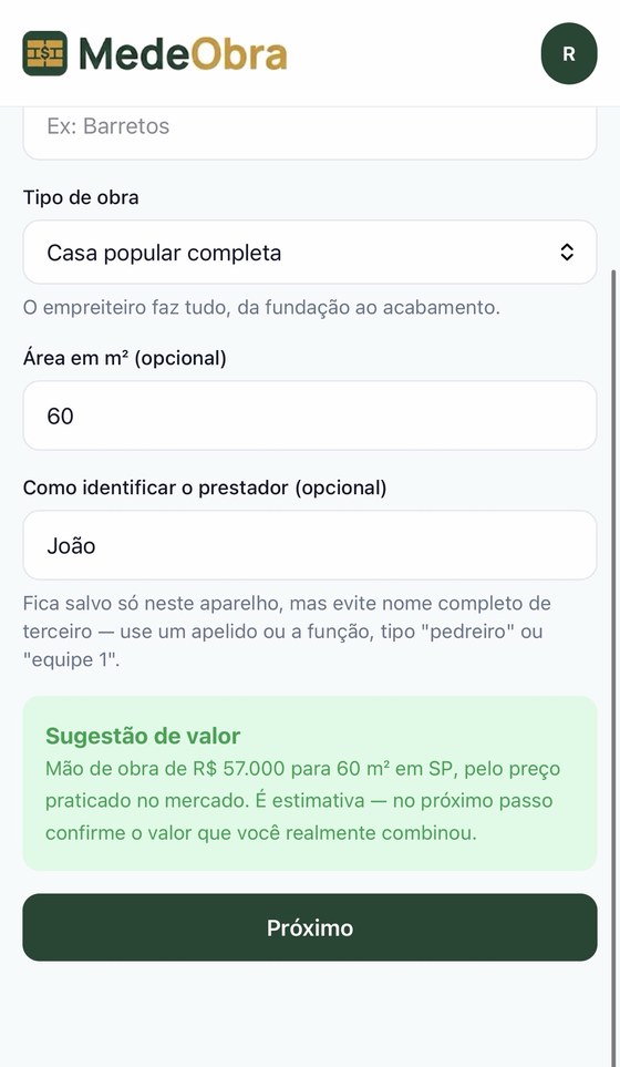 Nova obra com sugestão de valor
