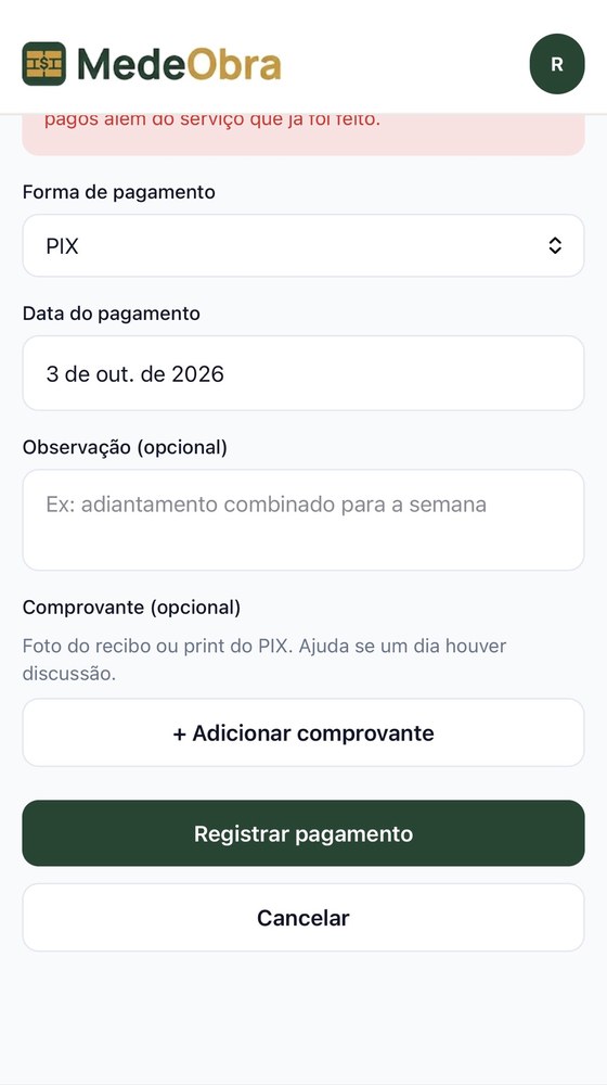 Registro de pagamento com comprovante