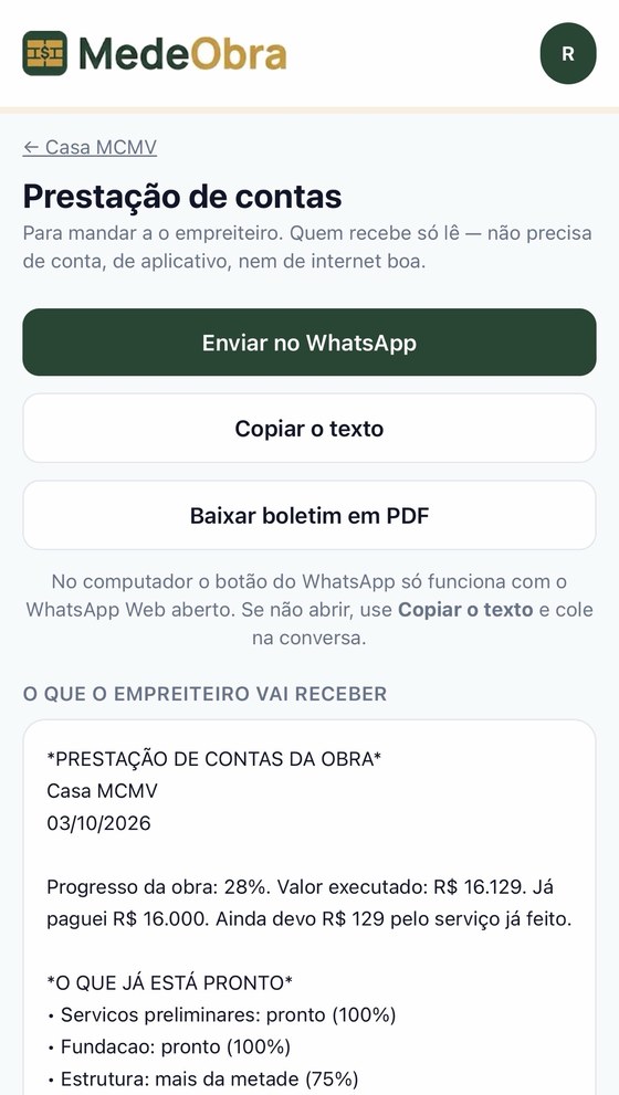 Prestação de contas para o empreiteiro
